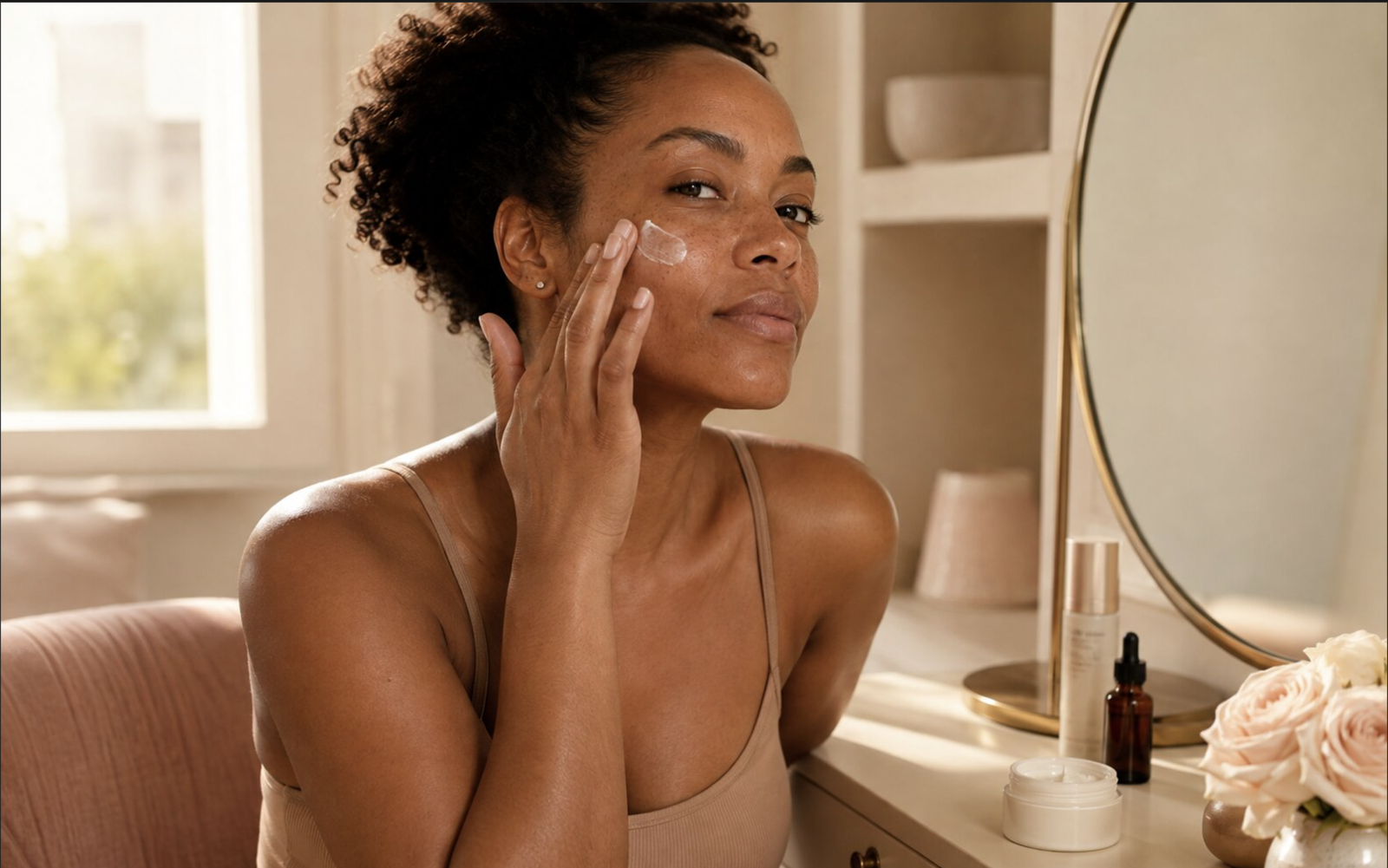 Woman gently pressing moisturizer into naturally textured skin before applying makeup