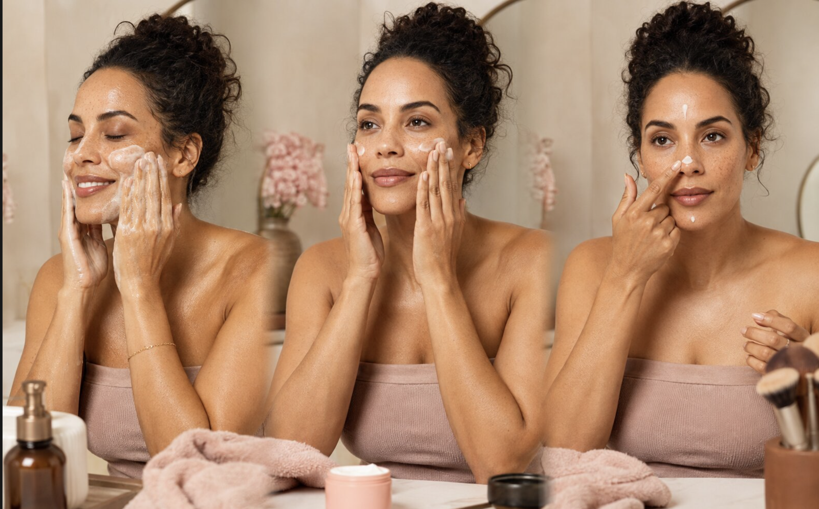 Three-stage sequence showing gentle cleansing, moisturizing and targeted primer application