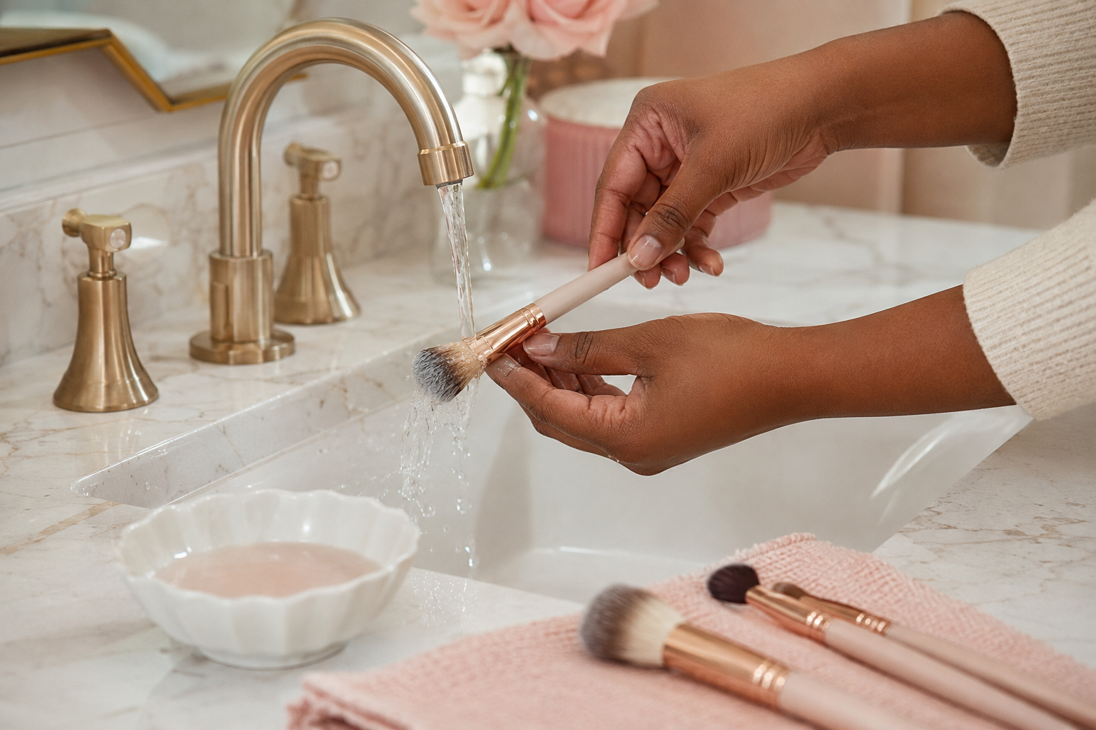 Hands rinsing the tips of makeup brushes under lukewarm running water