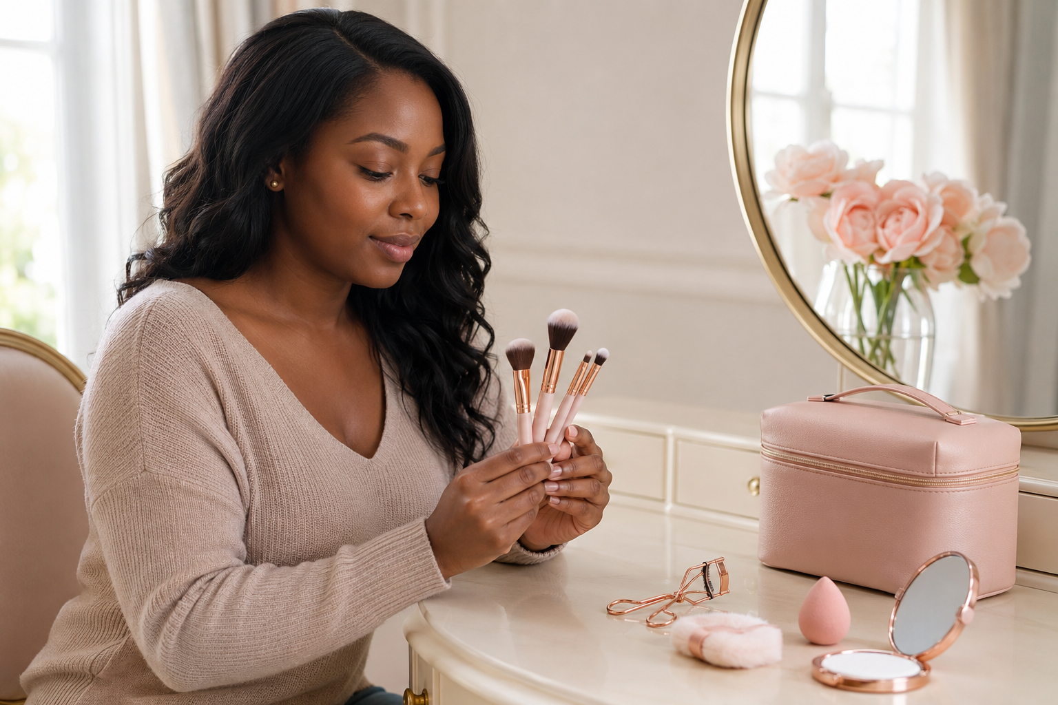 Adult Black woman selecting a small beginner makeup brush set at a blush-and-cream vanity