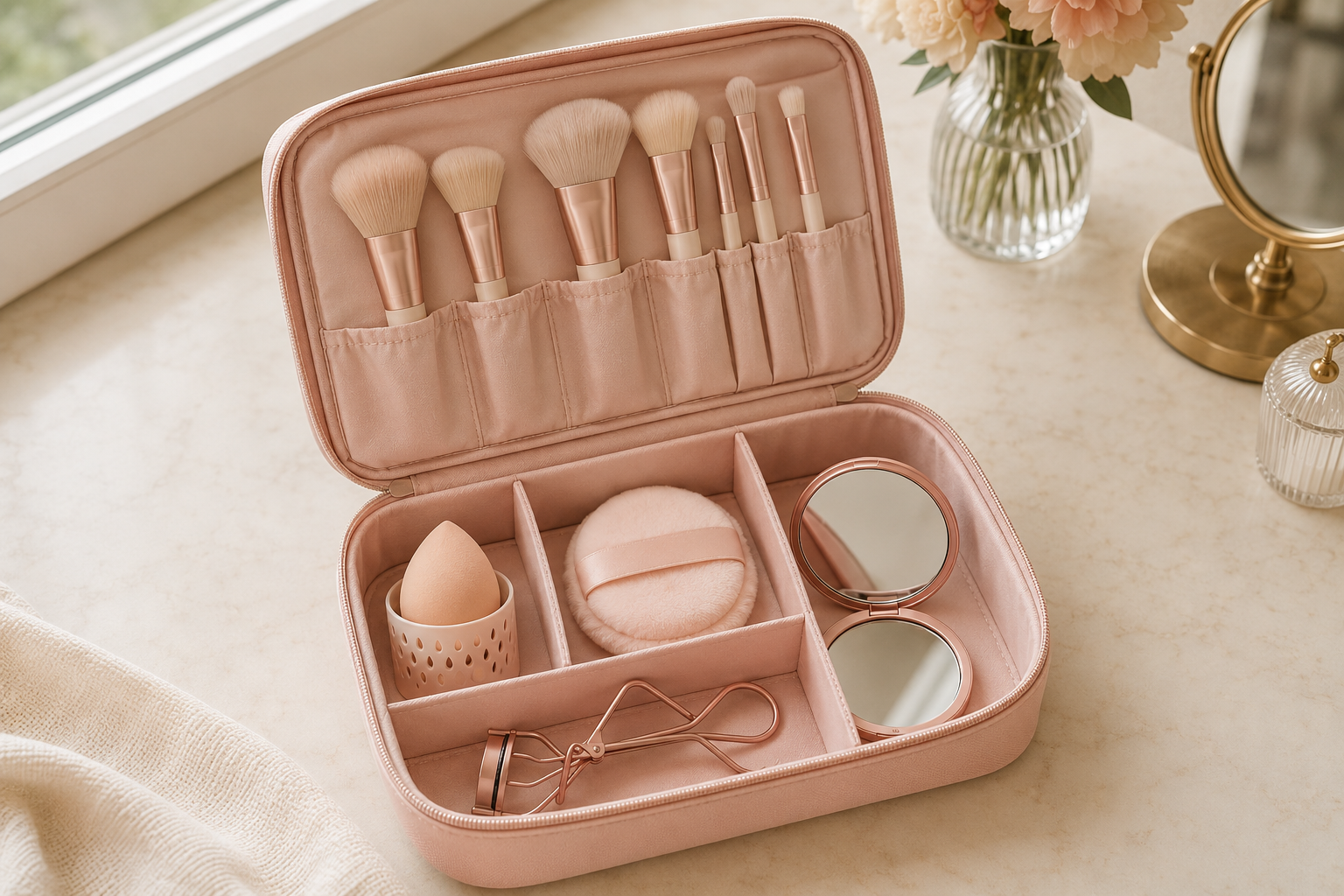 Blush makeup bag organizing brushes, sponge, powder puff, eyelash curler, and mirrors