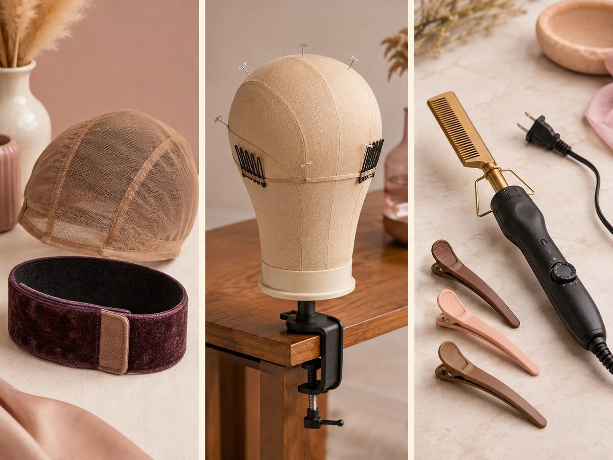 Three-panel comparison of a wig grip and cap, canvas block head with pins, and temperature-control hot comb