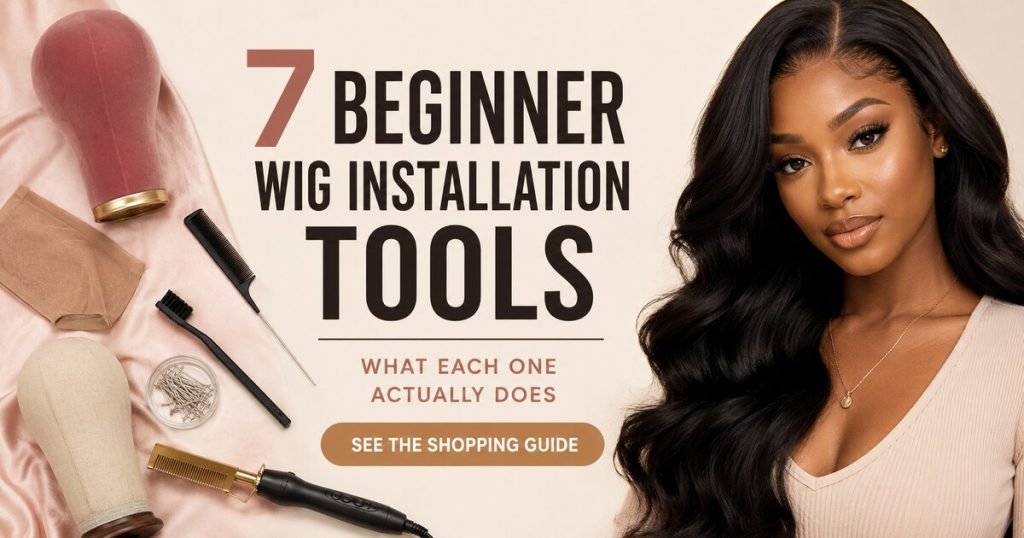 Facebook thumbnail for seven beginner wig installation tools with a styled wig and organized tools