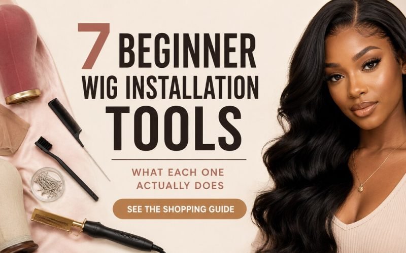 Facebook thumbnail for seven beginner wig installation tools with a styled wig and organized tools