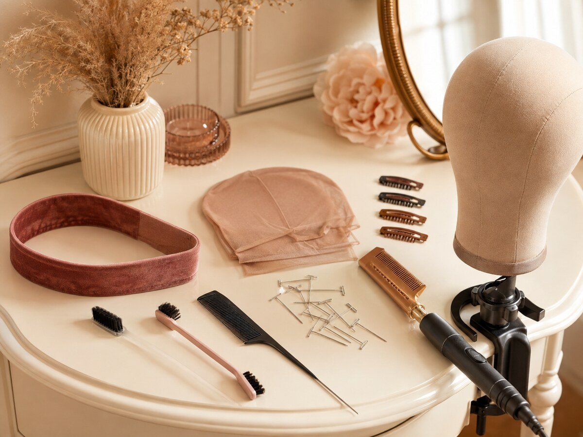Organized wig-installation tools including a velvet grip, wig caps, combs, T-pins, canvas head and hot comb