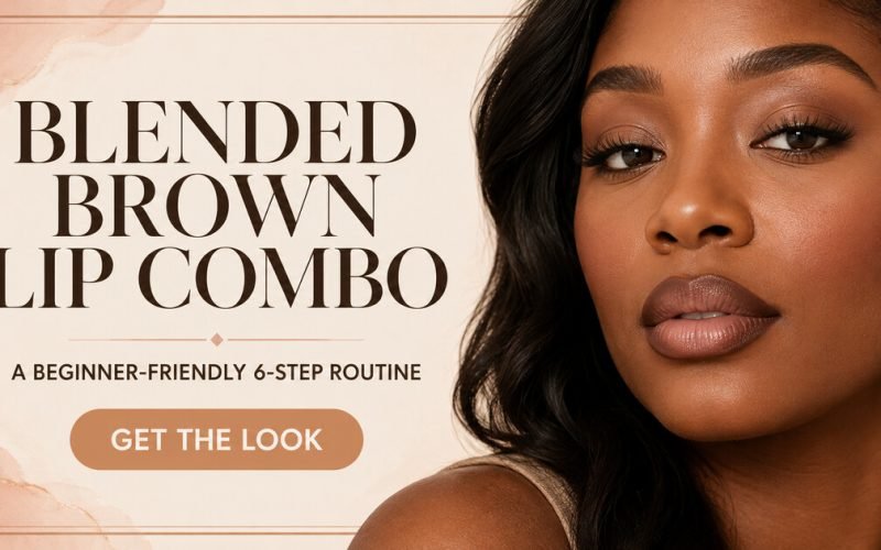 Facebook thumbnail for a beginner blended brown lip combo tutorial featuring a model with brown-nude lips.