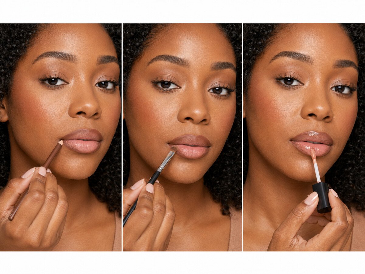 Three-step sequence showing brown lip liner at the corners, liner blended inward with a lip brush, and nude gloss at the center.