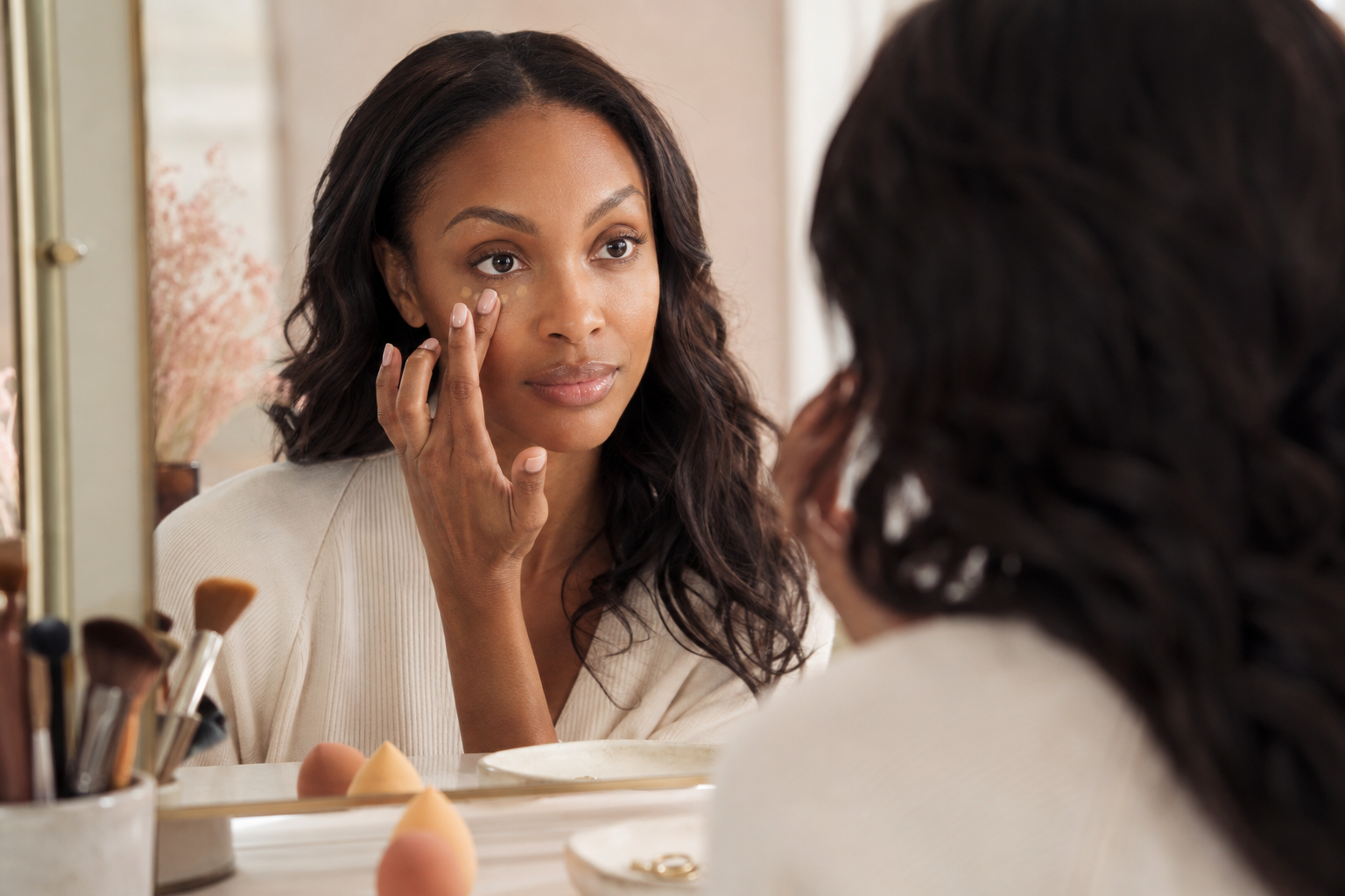 Woman gently tapping concealer under one eye at a cream and blush vanity