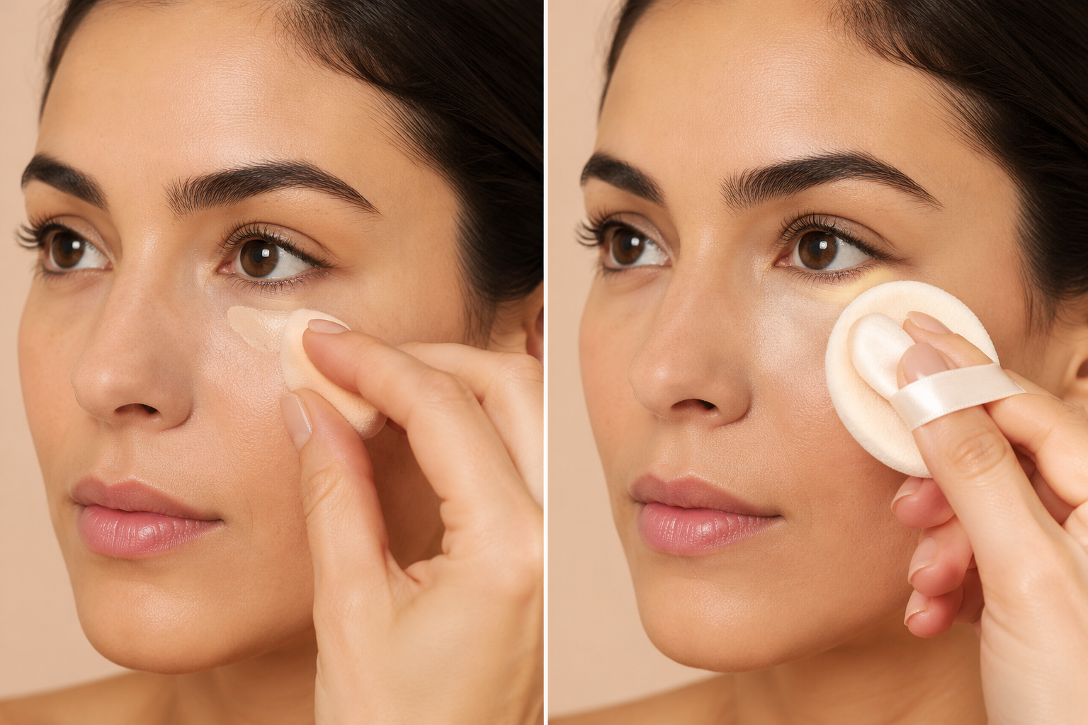 Two-panel guide showing a small amount of concealer blended with a sponge and powder pressed with a clean puff