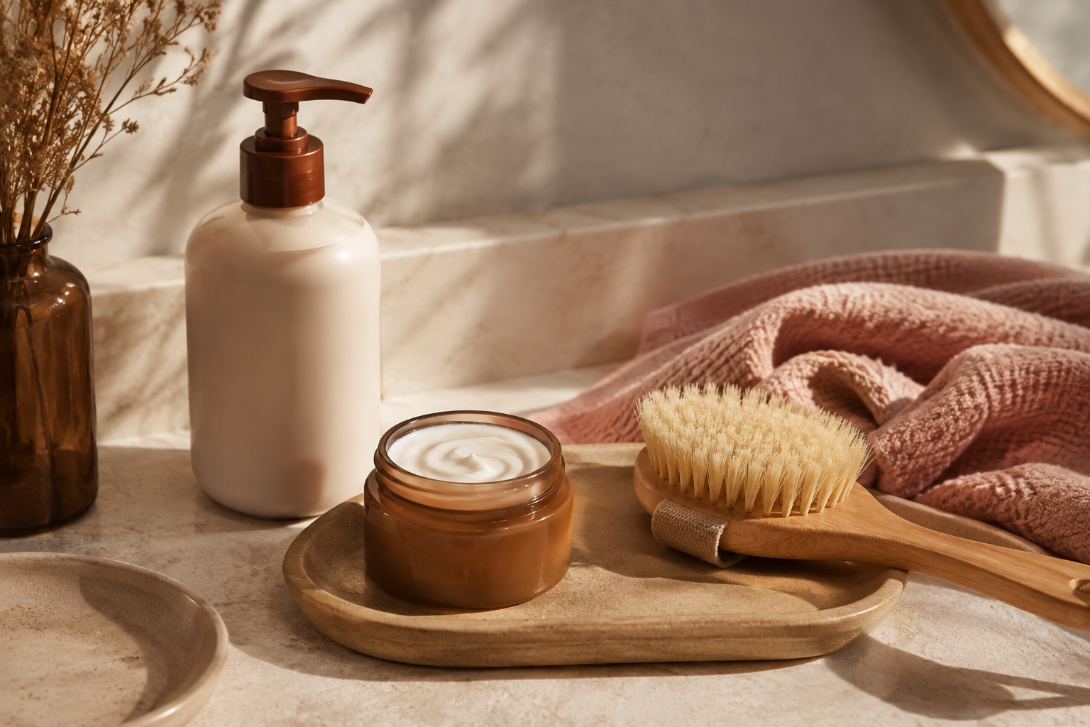 Unbranded body-care essentials arranged on a cream vanity with blush towels