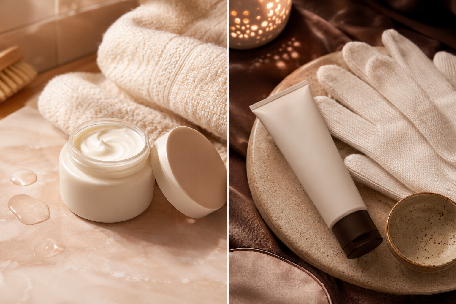 Two-panel skincare still life showing a cream jar with towel and an ointment tube with cotton gloves