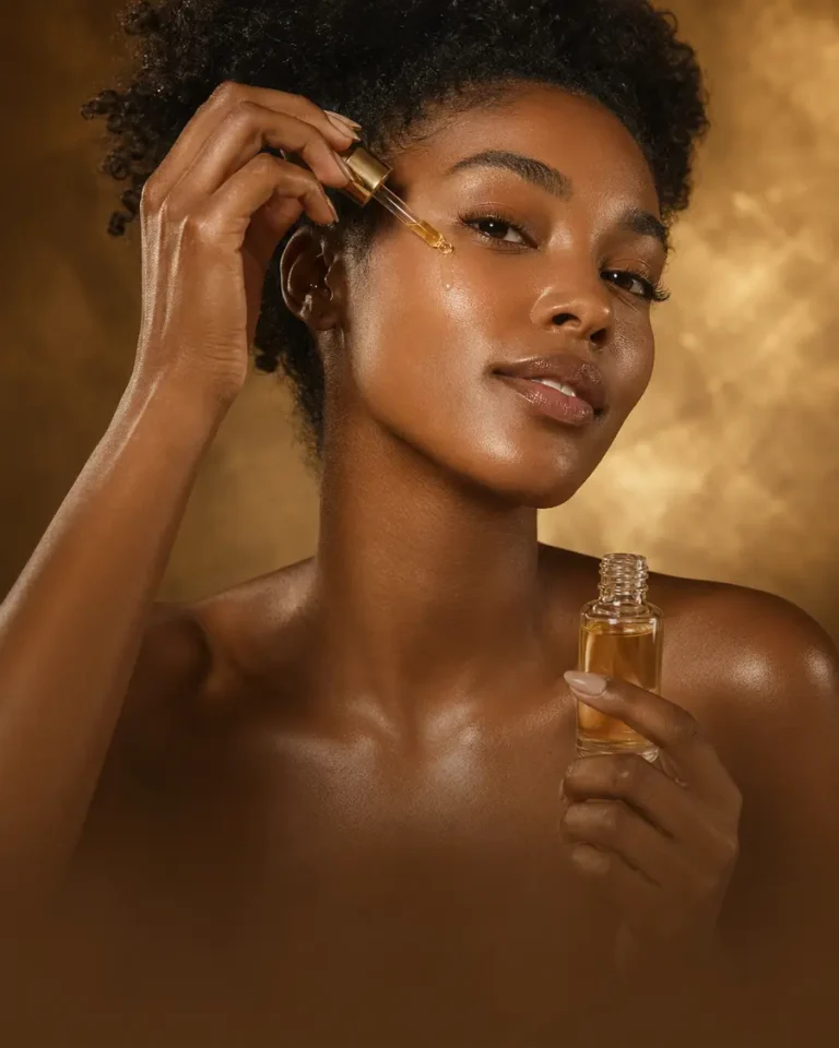 Beauty model applying skincare serum
