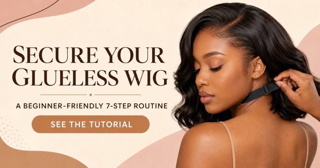 Facebook thumbnail showing a Black woman adjusting a glueless wig band beside the headline Secure Your Glueless Wig