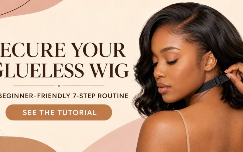 Facebook thumbnail showing a Black woman adjusting a glueless wig band beside the headline Secure Your Glueless Wig
