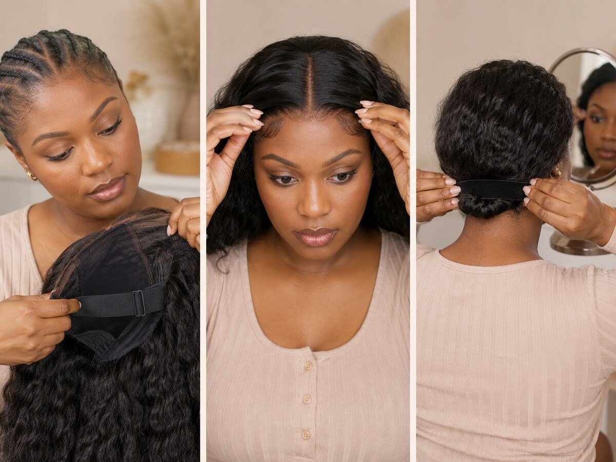 Three-panel glueless wig sequence showing band adjustment, hairline alignment and a comfortable nape fit
