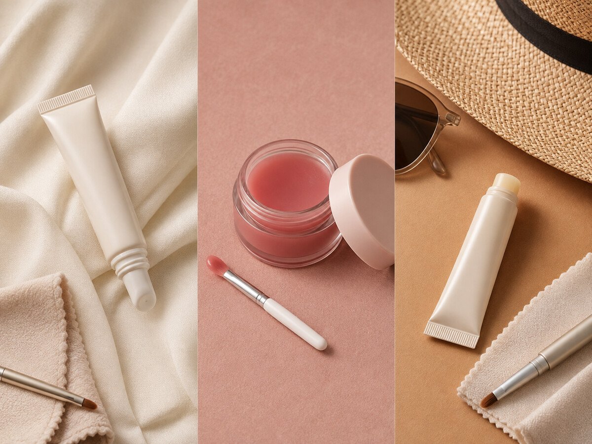 Comparison of an ointment balm, overnight lip mask and SPF lip balm with clean application tools.