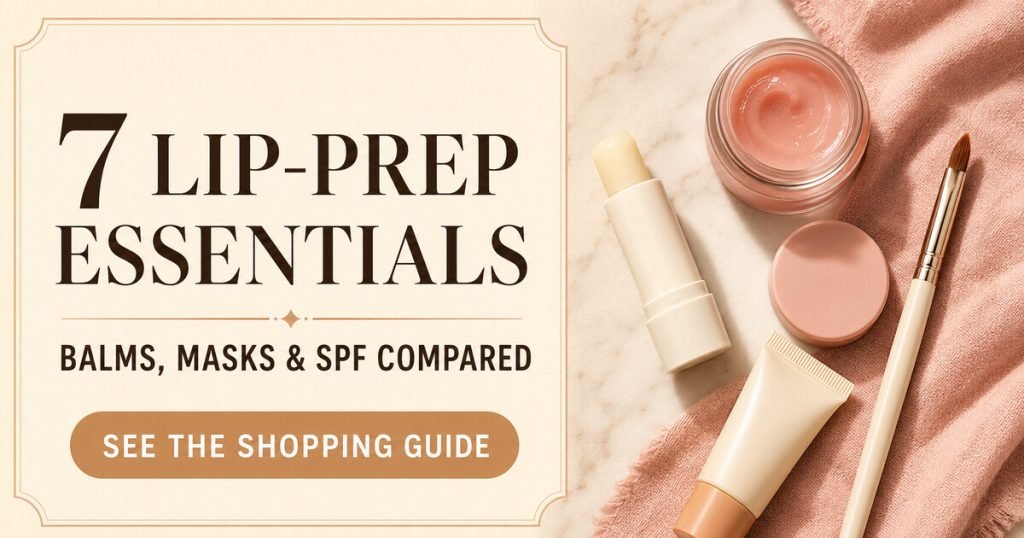 Facebook thumbnail showing seven lip-prep essentials including balm, mask, SPF and a lip brush.