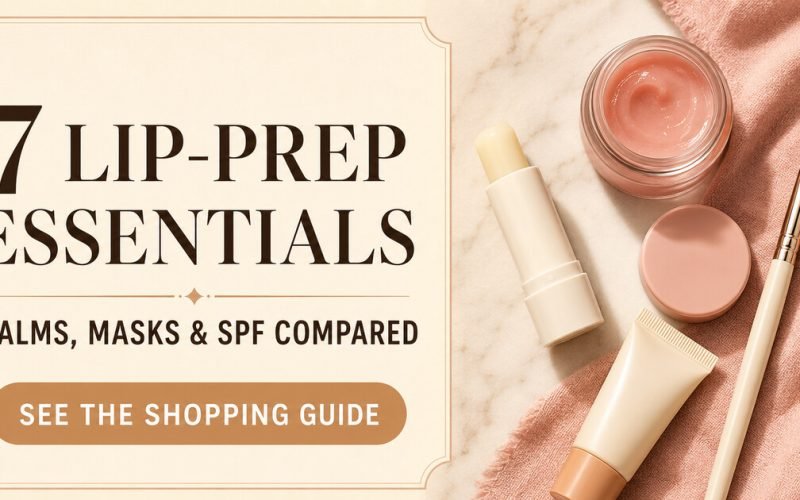 Facebook thumbnail showing seven lip-prep essentials including balm, mask, SPF and a lip brush.