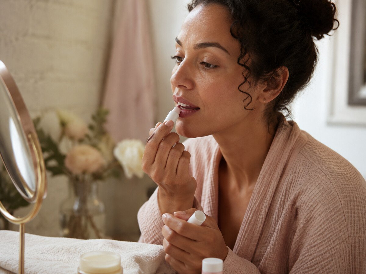 Woman gently applying clear lip balm at a vanity before putting on lipstick.