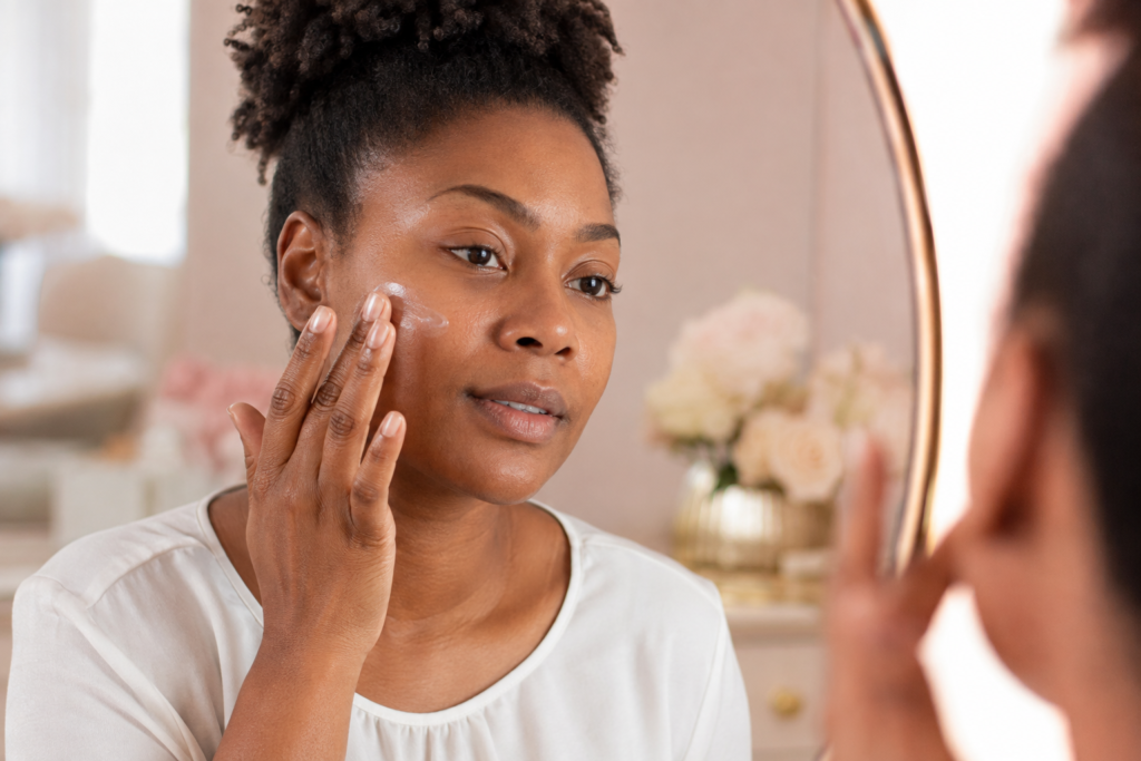 Adult Black woman applying moisturizer before makeup at a blush-and-cream vanity