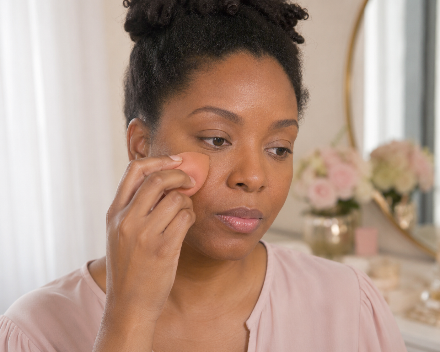 Adult Black woman pressing a damp makeup sponge onto her cheek to apply foundation in thin layers