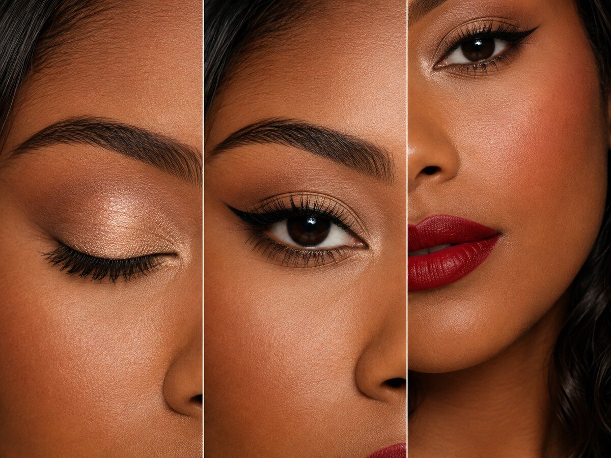 Three-panel close-up showing champagne eyeshadow, delicate winged liner and a rich satin red lip