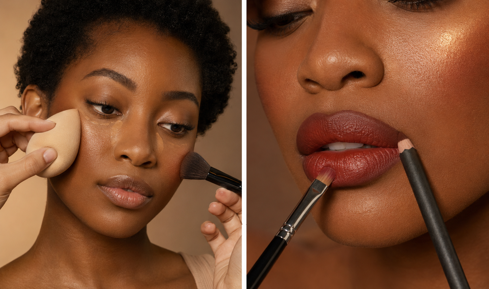 Two-panel beauty tutorial showing complexion blending and a deep brown lip liner with brick-red lipstick