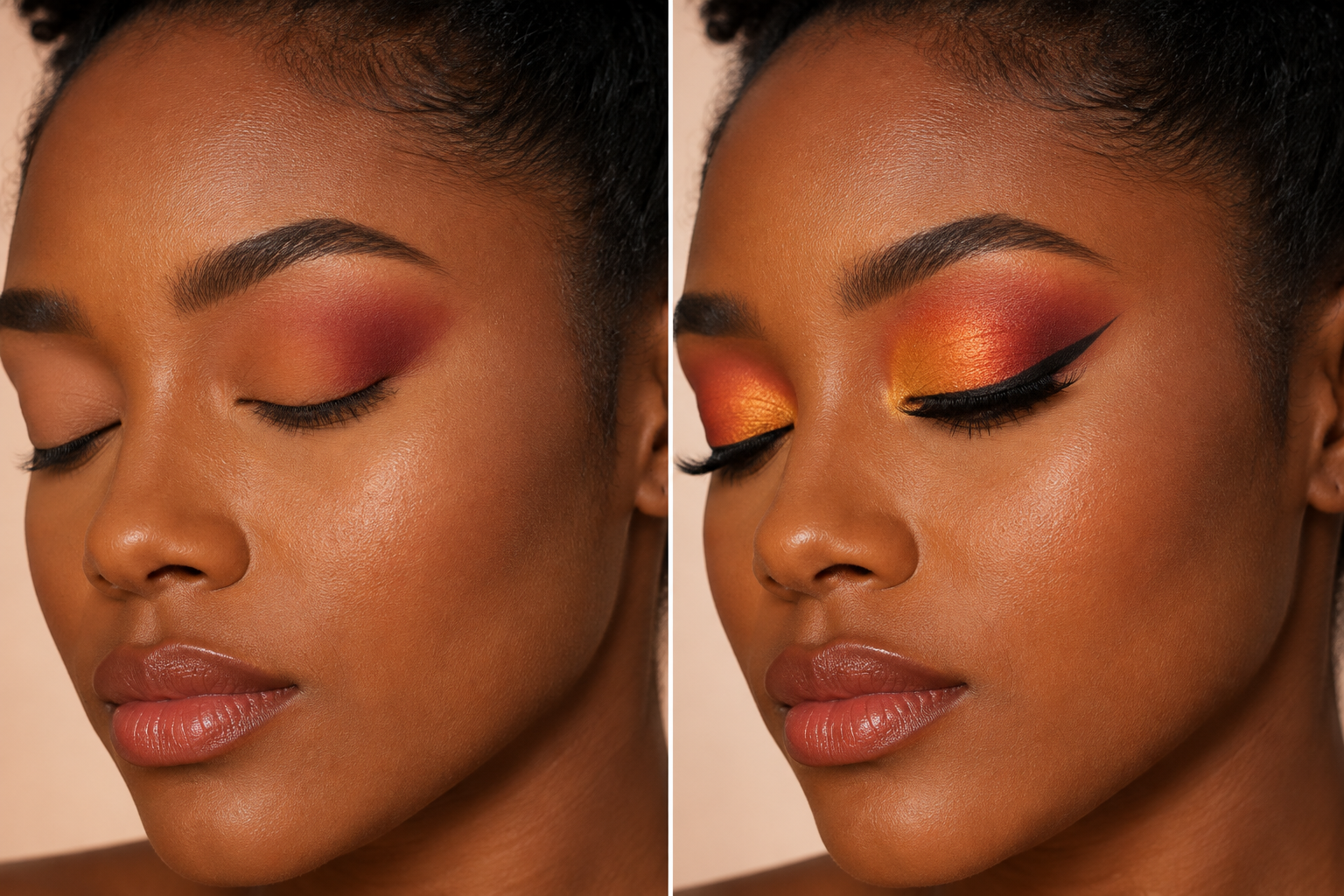 Two-panel eye makeup tutorial showing a red-brown base followed by gold lid color and black winged liner