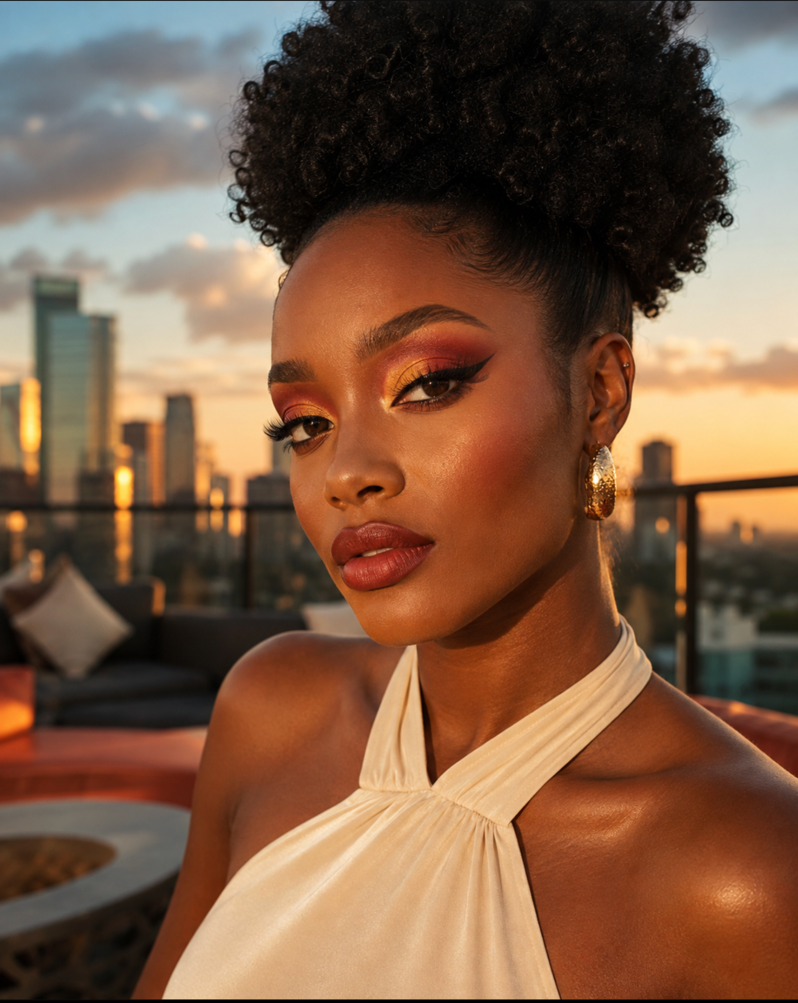 Inspiration photo of a warm sunset glam makeup look with red and gold eyeshadow, winged liner and a brick-toned lip