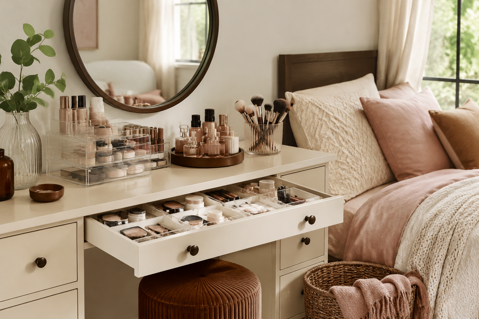 Compact cream vanity organized with clear drawers, rotating tray and makeup brush cup