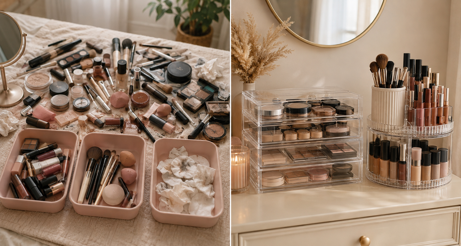 Two-panel guide showing makeup sorted into groups and then arranged in clear drawers and brush holders