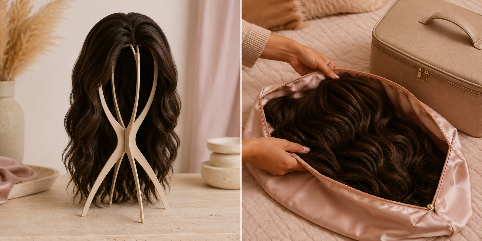 Two-panel wig storage visual showing a wig on a ventilated stand and a dry wig arranged inside a satin bag beside a travel case