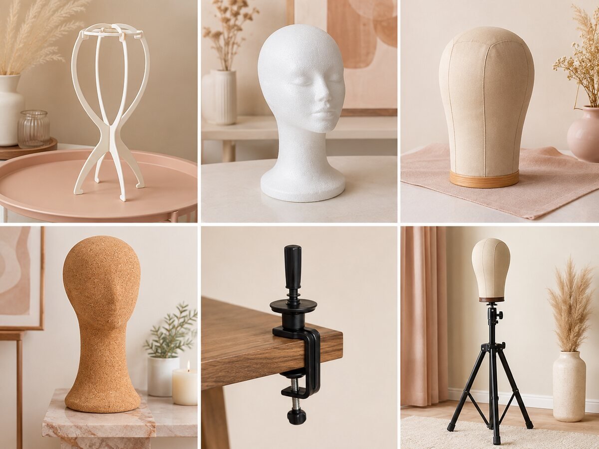 Six wig support options including collapsible, foam, canvas, cork, clamp and tripod stands