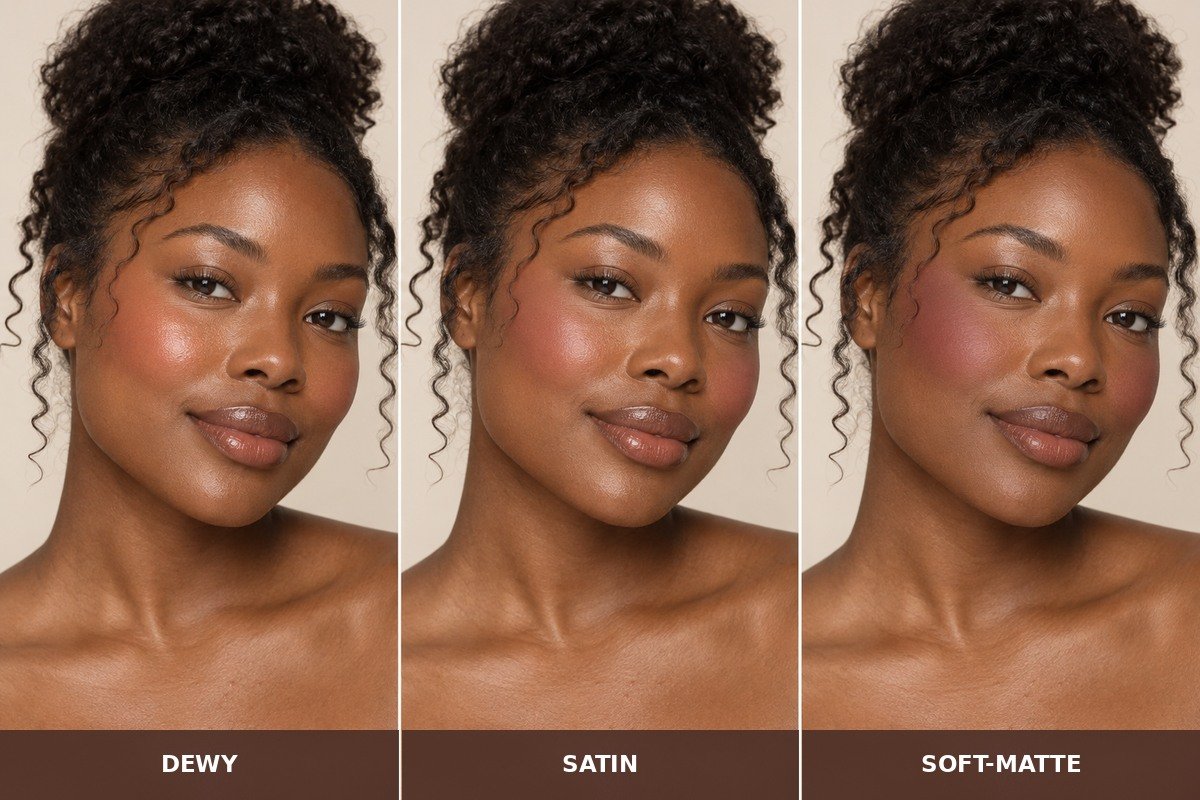 Three portraits comparing dewy peach, satin rose and soft-matte berry blush finishes on deep brown skin