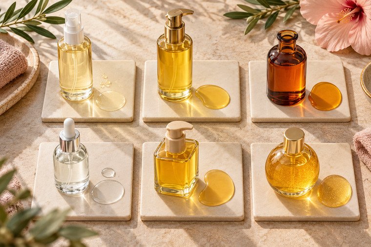 Six unbranded body-oil bottles with clear, golden, amber, and rose-toned texture swatches