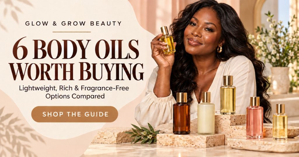 Facebook preview graphic for six body oils worth buying, with a radiant brown-skinned woman and six oil bottles