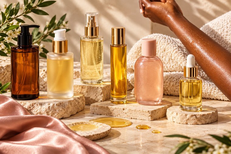 Six unbranded body-oil bottles arranged on warm stone risers beside a deep-brown forearm