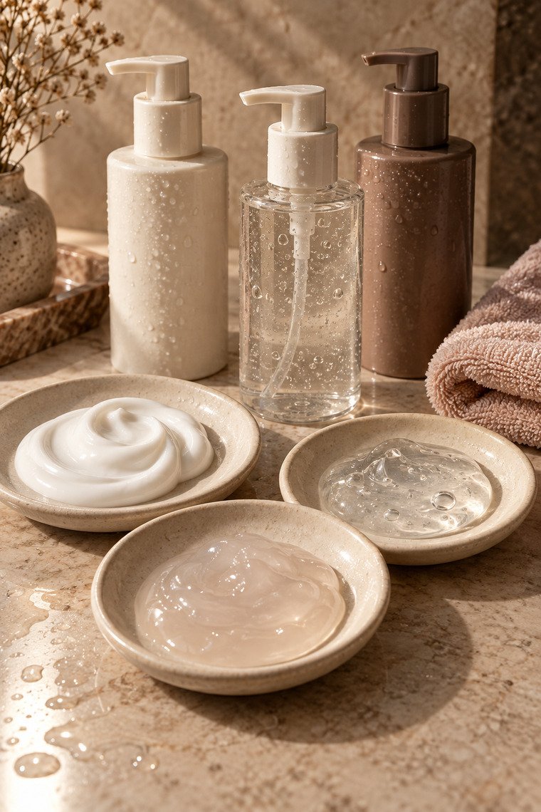 Cream, clear gel and translucent jelly cleanser textures on cream ceramic dishes beside unbranded bottles.