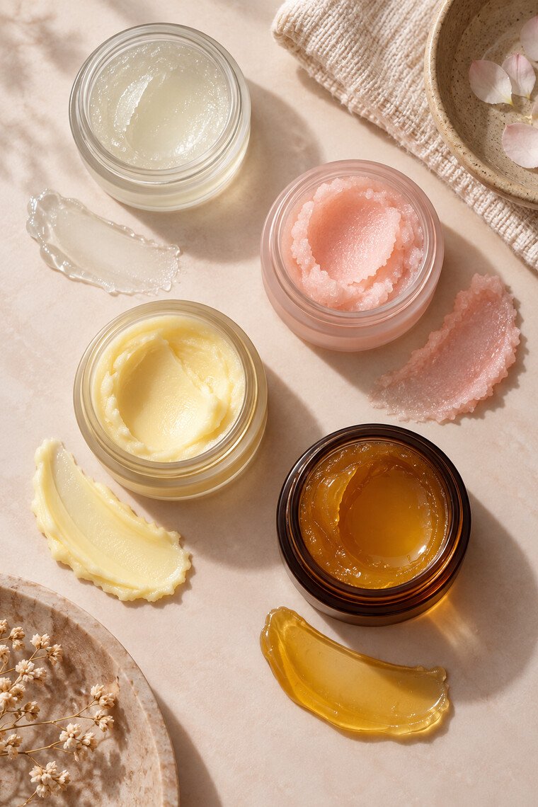 Four unbranded cleansing balm textures arranged on a cream and blush beauty surface.