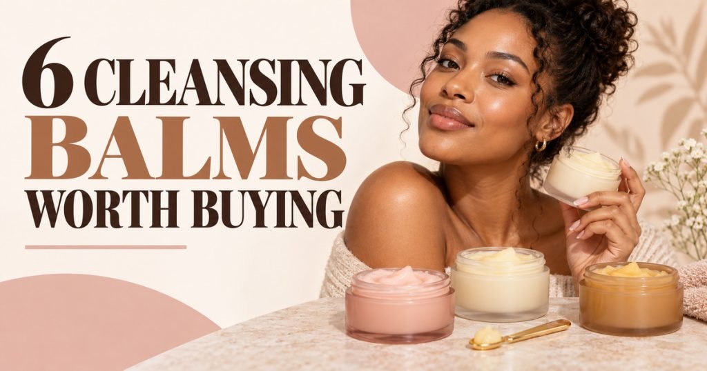 Facebook thumbnail reading 6 Cleansing Balms Worth Buying beside a radiant woman and unbranded balm jars.