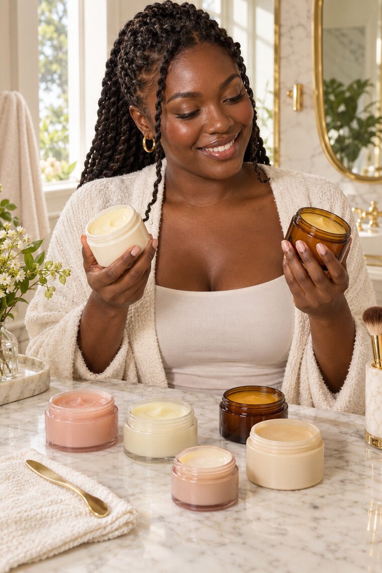 Woman with deep reddish-brown skin comparing two unbranded cleansing balms at a bright vanity.