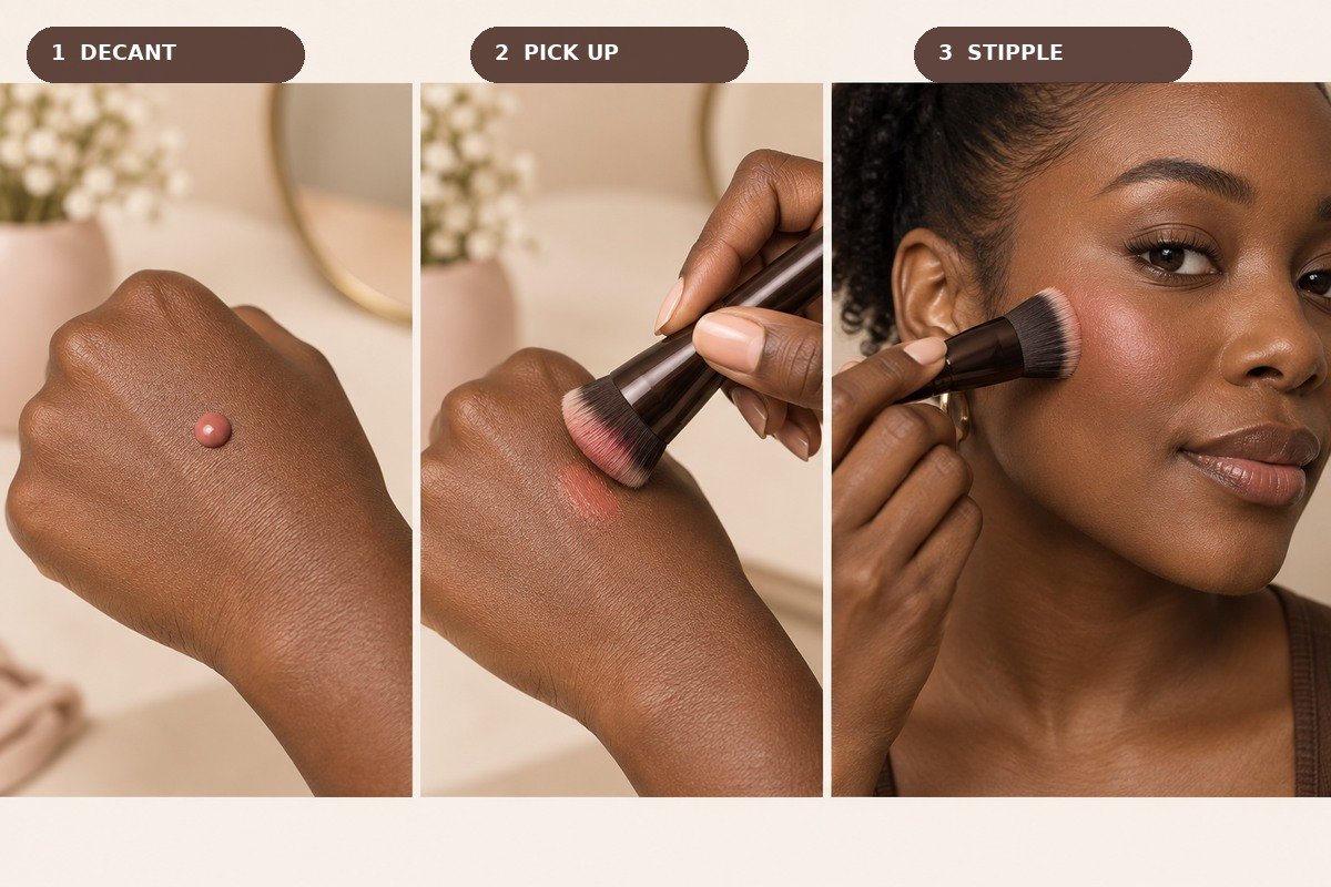 Three-step sequence showing blush decanted onto a hand, picked up with a brush and stippled onto the cheek