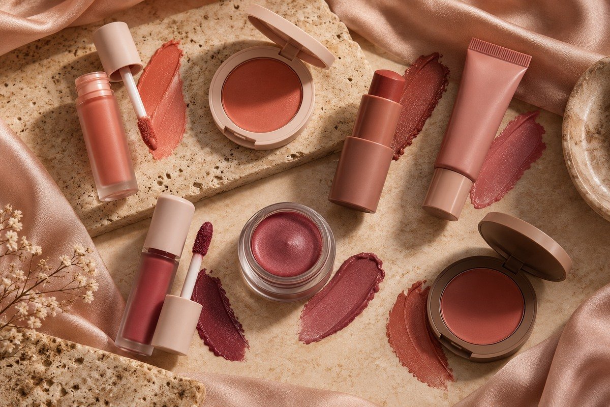 Seven unbranded cream and liquid blush containers with peach, rose, berry and terracotta swatches