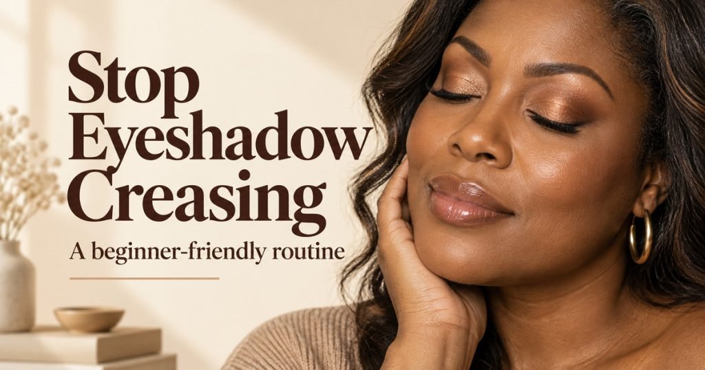 Stop Eyeshadow Creasing headline beside a brown-skinned woman wearing softly blended bronze eye makeup.