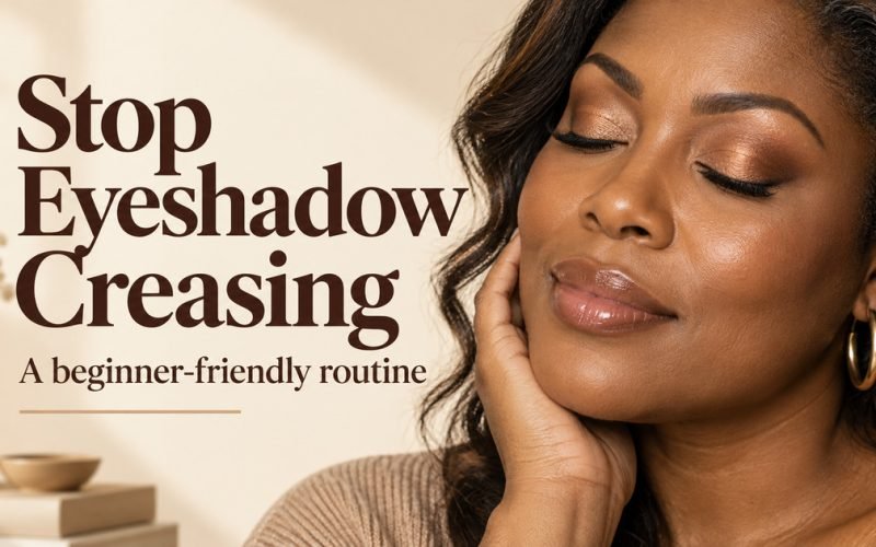 Stop Eyeshadow Creasing headline beside a brown-skinned woman wearing softly blended bronze eye makeup.