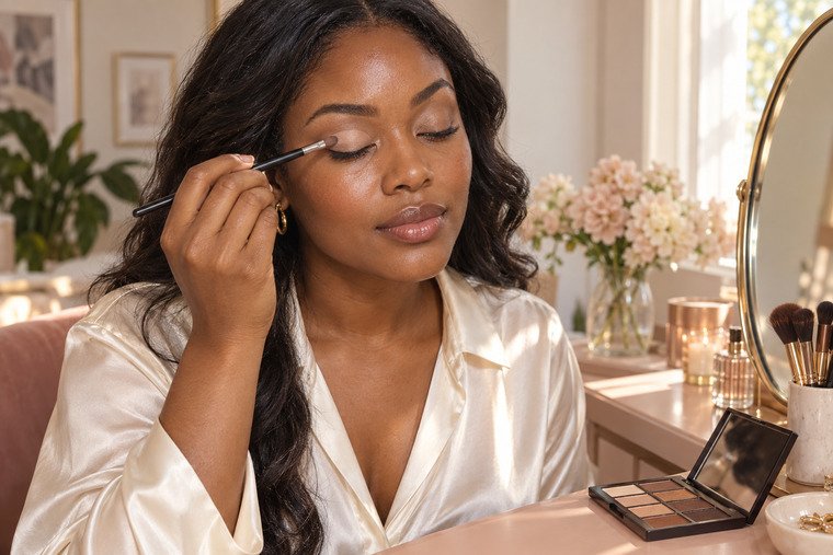 Brown-skinned woman applying a thin eye base to a closed eyelid with a small brush.