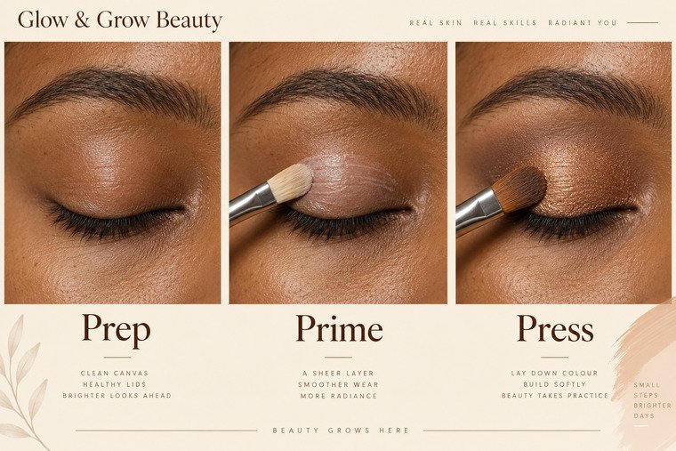 Three stages labeled Prep, Prime and Press, showing an eyelid, thin primer and bronze shadow.