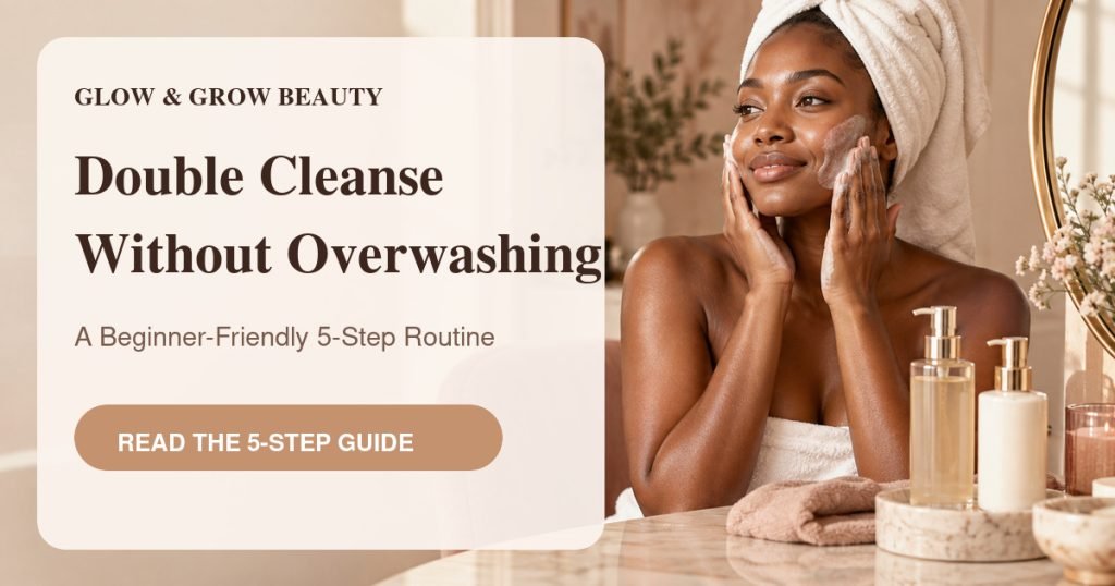 Glow & Grow Beauty thumbnail reading “Double Cleanse Without Overwashing” beside a radiant woman cleansing at a warm vanity.