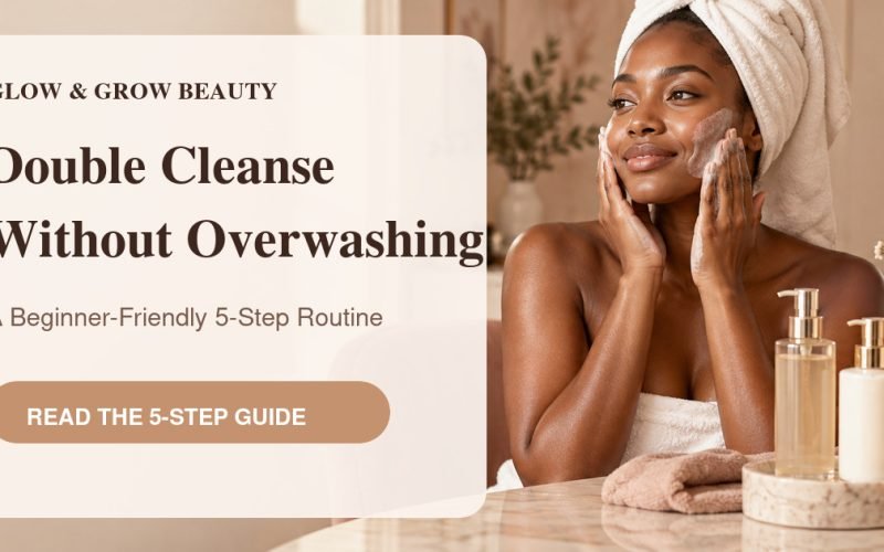 Glow & Grow Beauty thumbnail reading “Double Cleanse Without Overwashing” beside a radiant woman cleansing at a warm vanity.