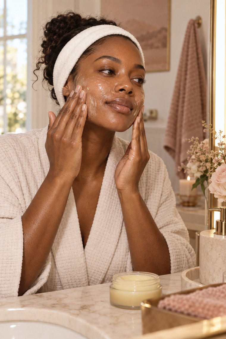 Radiant woman with deep brown skin gently massaging cleansing balm onto dry skin at a warm cream vanity.